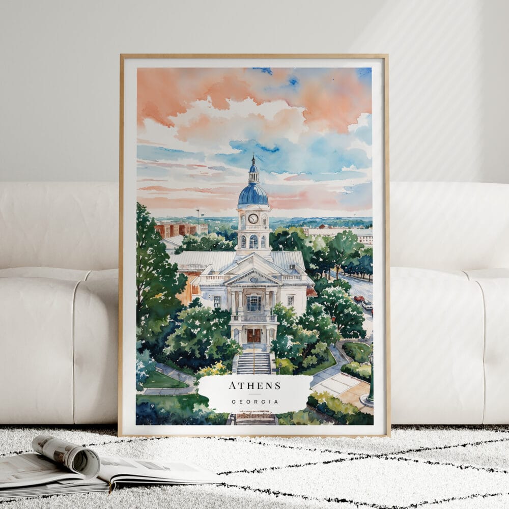 01 - Framed Athens Georgia Watercolor Wall Art leaning against couch - Portrait.jpg 01 - Framed Athens Georgia Watercolor Wall Art leaning against couch - Portrait.jpg