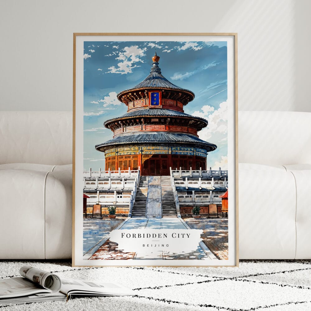 01 - Framed Beijing Forbidden City Watercolor Wall Art leaning against couch - Portrait.jpg 01 - Framed Beijing Forbidden City Watercolor Wall Art leaning against couch - Portrait.jpg