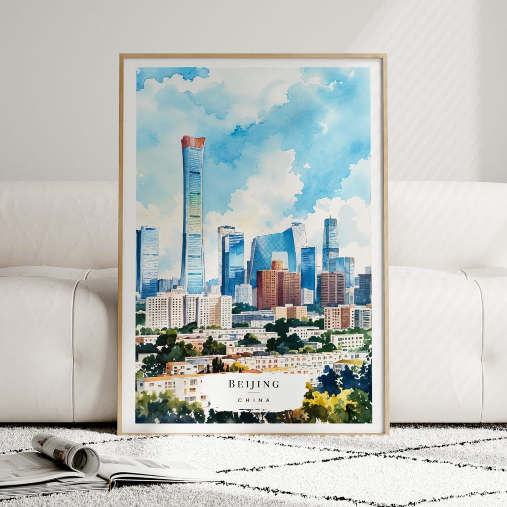 01 - Framed Beijing Skyline Watercolor Wall Art leaning against couch - Portrait.jpg 01 - Framed Beijing Skyline Watercolor Wall Art leaning against couch - Portrait.jpg