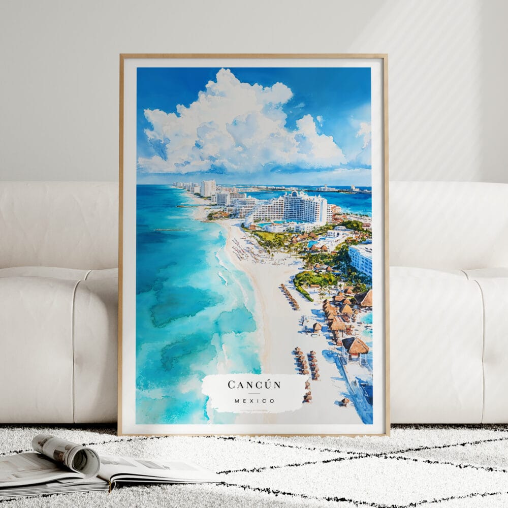 01 - Framed Cancun Mexico Watercolor Wall Art leaning against couch - Portrait.jpg 01 - Framed Cancun Mexico Watercolor Wall Art leaning against couch - Portrait.jpg