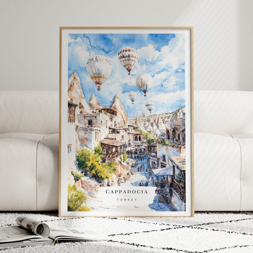 01 - Framed Cappadocia Turkey Watercolor Wall Art leaning against couch - Portrait.jpg 01 - Framed Cappadocia Turkey Watercolor Wall Art leaning against couch - Portrait.jpg