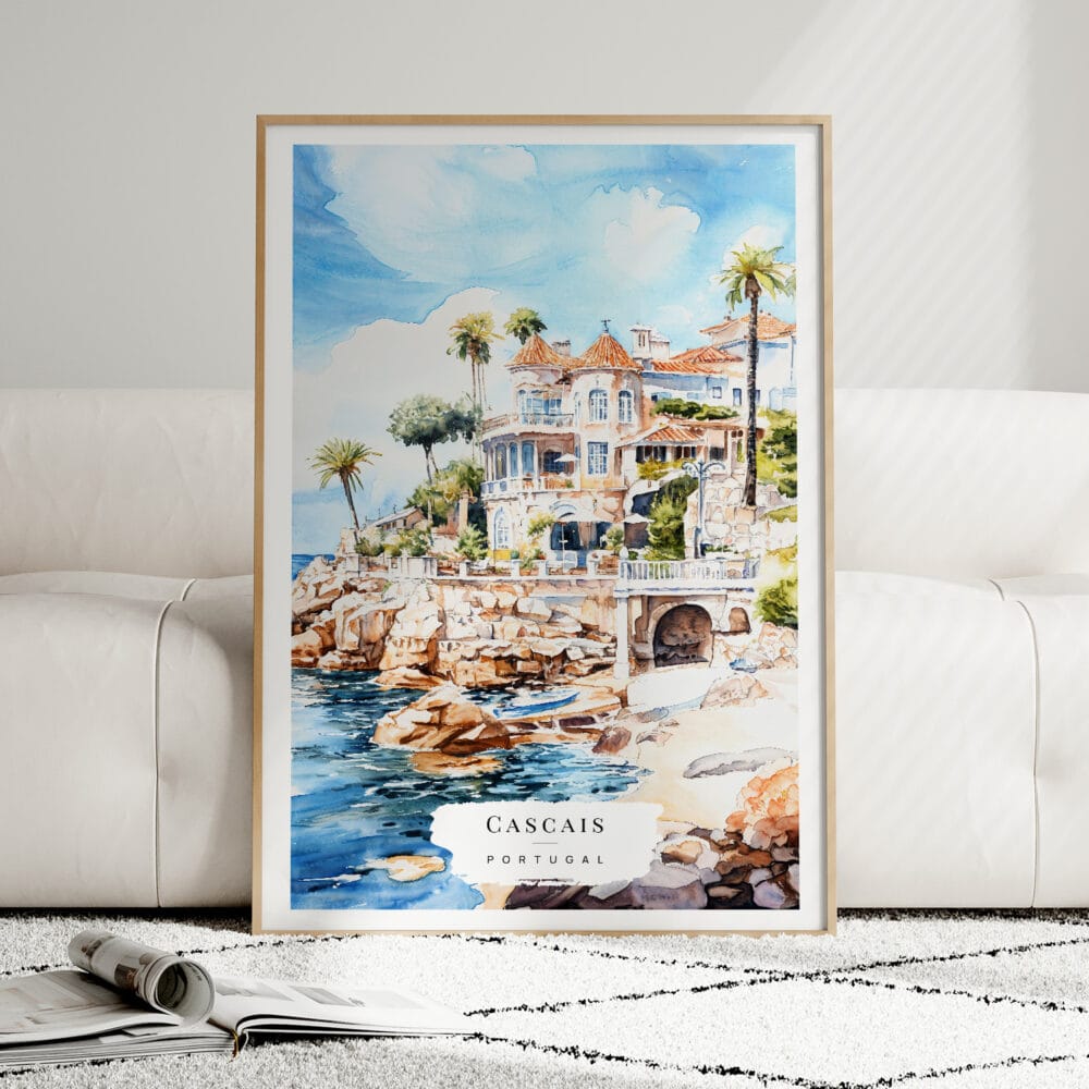01 - Framed Cascais Portugal Watercolor Wall Art leaning against couch - Portrait.jpg 01 - Framed Cascais Portugal Watercolor Wall Art leaning against couch - Portrait.jpg