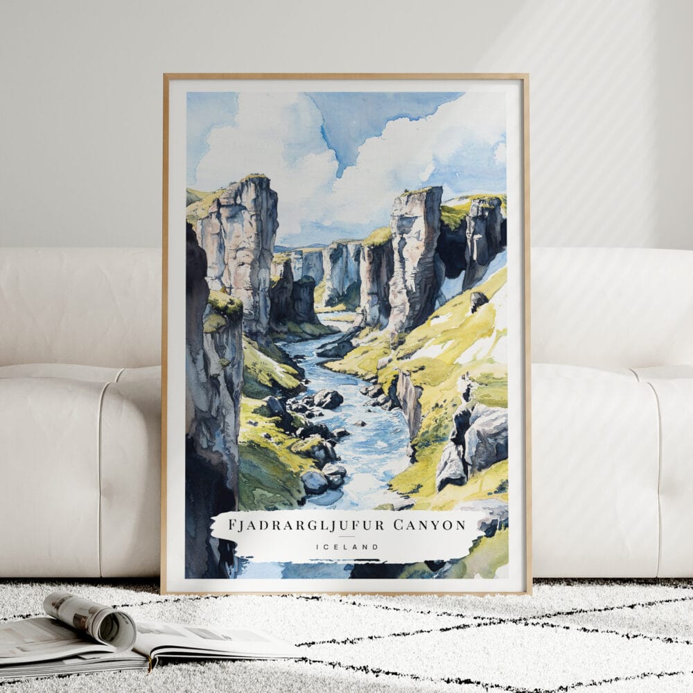 01 - Framed Fjadrargljufur Canyon Watercolor Wall Art leaning against couch - Portrait.jpg 01 - Framed Fjadrargljufur Canyon Watercolor Wall Art leaning against couch - Portrait.jpg