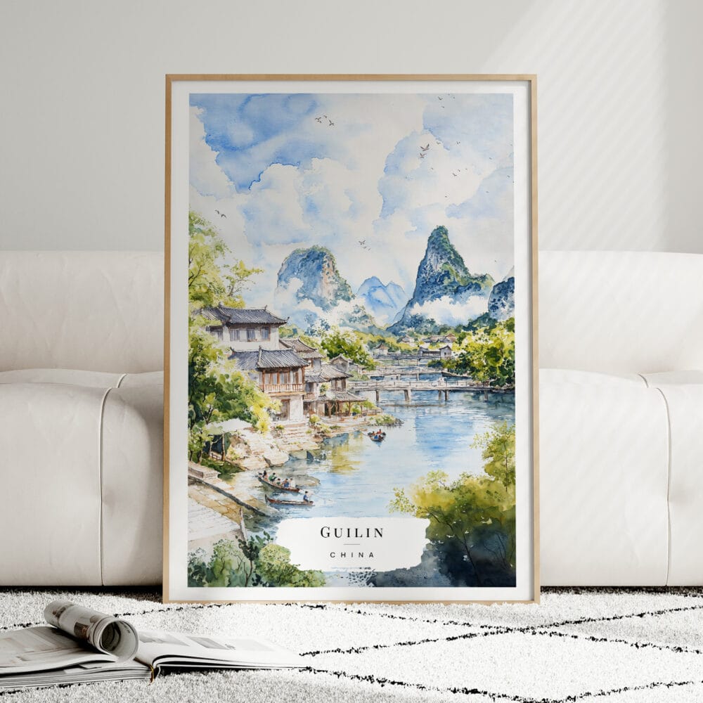 01 - Framed Guilin China Watercolor Wall Art leaning against couch - Portrait.jpg 01 - Framed Guilin China Watercolor Wall Art leaning against couch - Portrait.jpg