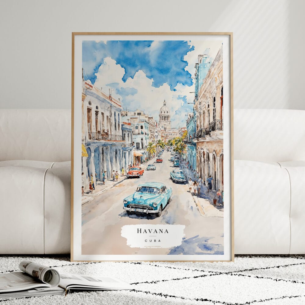 01 - Framed Havana Cuba Watercolor Wall Art leaning against couch - Portrait.jpg 01 - Framed Havana Cuba Watercolor Wall Art leaning against couch - Portrait.jpg