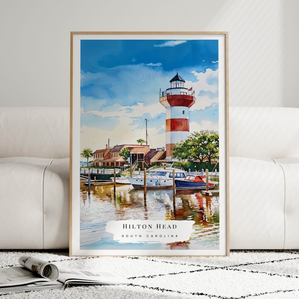 01 - Framed Hilton Head South Carolina Watercolor Wall Art leaning against couch - Portrait.jpg 01 - Framed Hilton Head South Carolina Watercolor Wall Art leaning against couch - Portrait.jpg