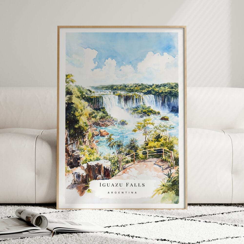 01 - Framed Iguazu Falls Watercolor Wall Art leaning against couch - Portrait.jpg 01 - Framed Iguazu Falls Watercolor Wall Art leaning against couch - Portrait.jpg