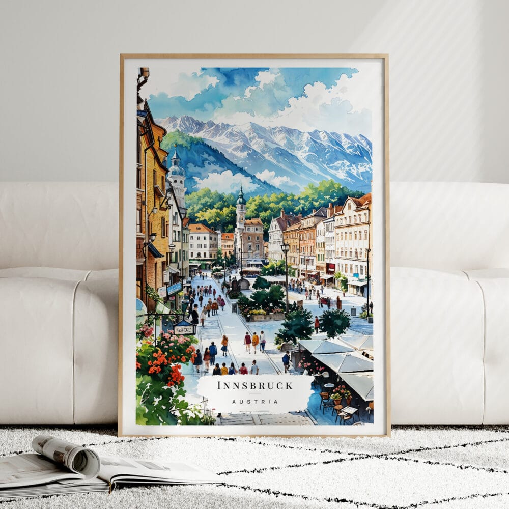 01 - Framed Innsbruck Watercolor Wall Art leaning against couch - Portrait.jpg 01 - Framed Innsbruck Watercolor Wall Art leaning against couch - Portrait.jpg