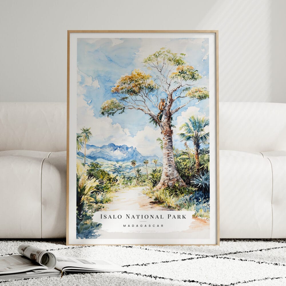 01 - Framed Isalo National Park Watercolor Wall Art leaning against couch - Portrait.jpg 01 - Framed Isalo National Park Watercolor Wall Art leaning against couch - Portrait.jpg