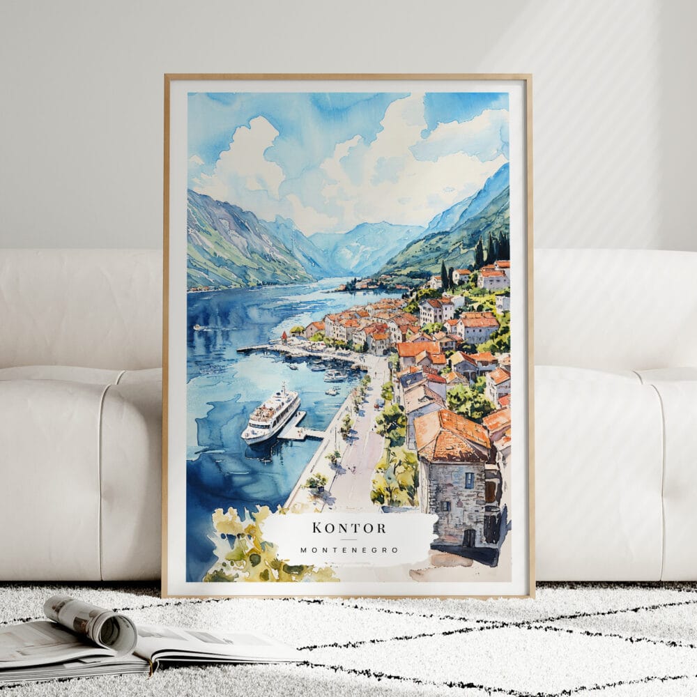 01 - Framed Kontor Montenegro Watercolor Wall Art leaning against couch - Portrait.jpg 01 - Framed Kontor Montenegro Watercolor Wall Art leaning against couch - Portrait.jpg