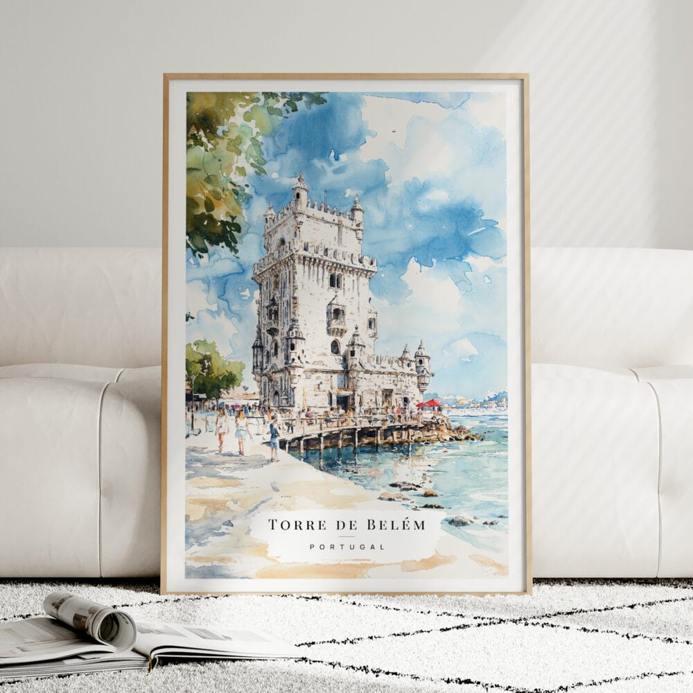 01 - Framed Lisboa Torre de Belém Watercolor Wall Art leaning against couch - Portrait.jpg 01 - Framed Lisboa Torre de Belém Watercolor Wall Art leaning against couch - Portrait.jpg