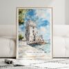 01 - Framed Lisboa Torre de Belém Watercolor Wall Art leaning against couch - Portrait.jpg