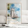01 - Framed Lisboa Torre de Belém Watercolor Wall Art leaning against couch - Portrait.jpg