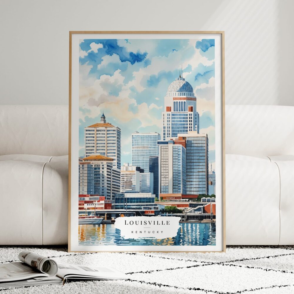 01 - Framed Louisville Kentucky Watercolor Wall Art leaning against couch - Portrait.jpg 01 - Framed Louisville Kentucky Watercolor Wall Art leaning against couch - Portrait.jpg