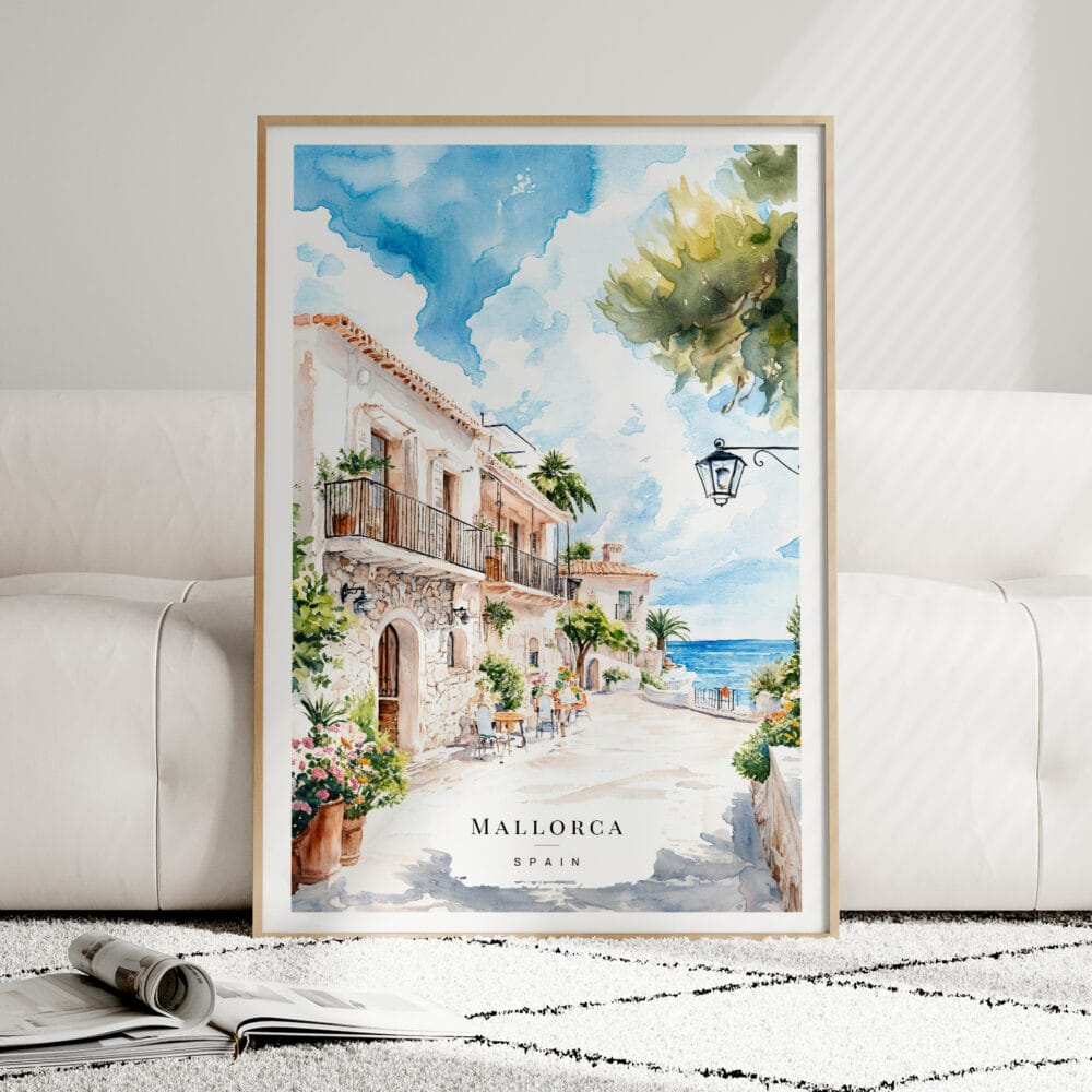 01 - Framed Mallorca Spain Watercolor Wall Art leaning against couch - Portrait.jpg 01 - Framed Mallorca Spain Watercolor Wall Art leaning against couch - Portrait.jpg