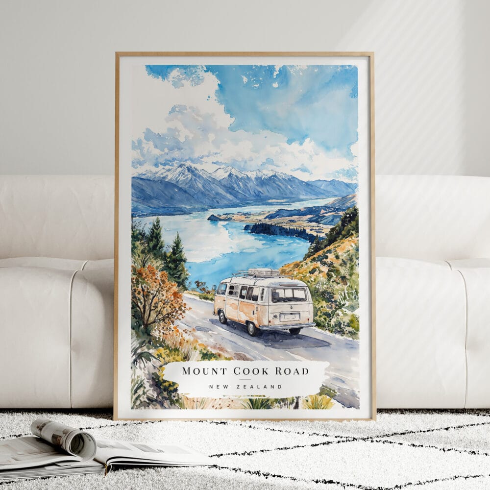 01 - Framed Mount Cook Road NZ Watercolor Wall Art leaning against couch - Portrait.jpg 01 - Framed Mount Cook Road NZ Watercolor Wall Art leaning against couch - Portrait.jpg