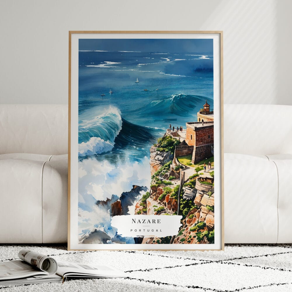 01 - Framed Nazare Portugal Watercolor Wall Art leaning against couch - Portrait.jpg 01 - Framed Nazare Portugal Watercolor Wall Art leaning against couch - Portrait.jpg