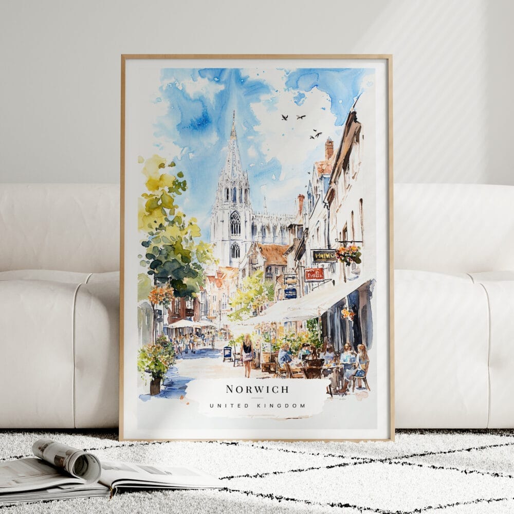 01 - Framed Norwich England Watercolor Wall Art leaning against couch - Portrait.jpg 01 - Framed Norwich England Watercolor Wall Art leaning against couch - Portrait.jpg
