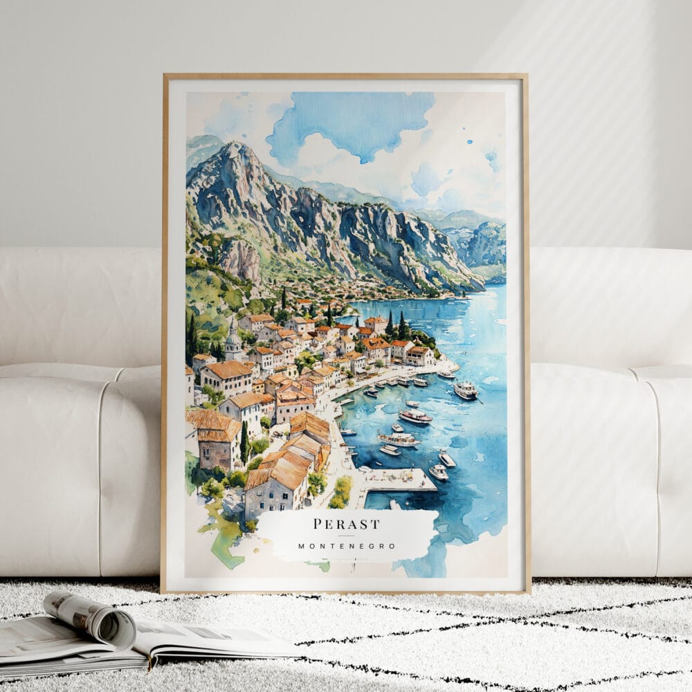 01 - Framed Perast Montenegro Watercolor Wall Art leaning against couch - Portrait.jpg 01 - Framed Perast Montenegro Watercolor Wall Art leaning against couch - Portrait.jpg