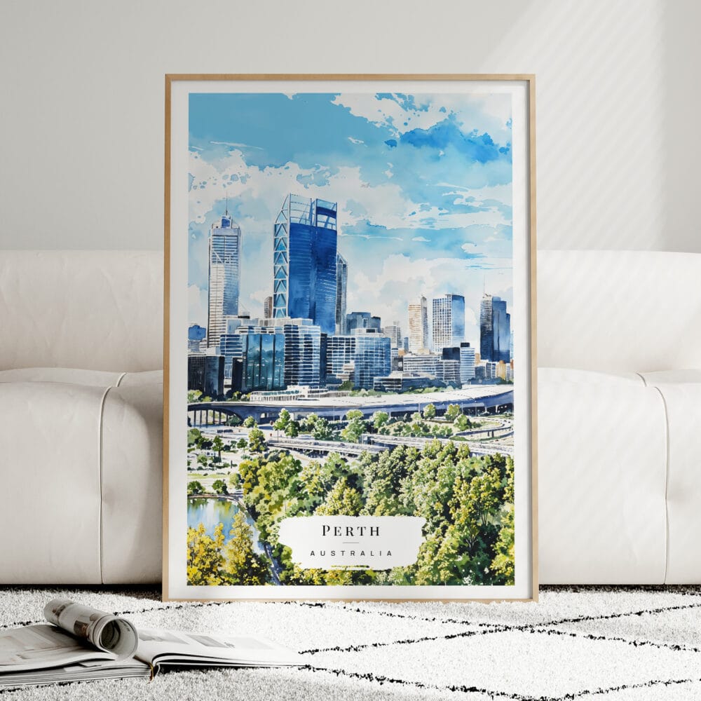 01 - Framed Perth Australia Watercolor Wall Art leaning against couch - Portrait.jpg 01 - Framed Perth Australia Watercolor Wall Art leaning against couch - Portrait.jpg
