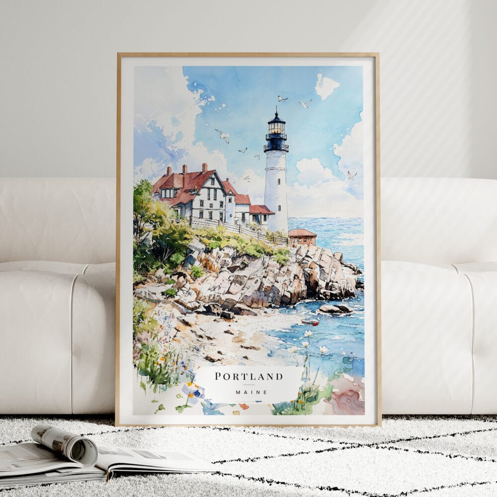 01 - Framed Portland Maine Watercolor Wall Art leaning against couch - Portrait.jpg 01 - Framed Portland Maine Watercolor Wall Art leaning against couch - Portrait.jpg