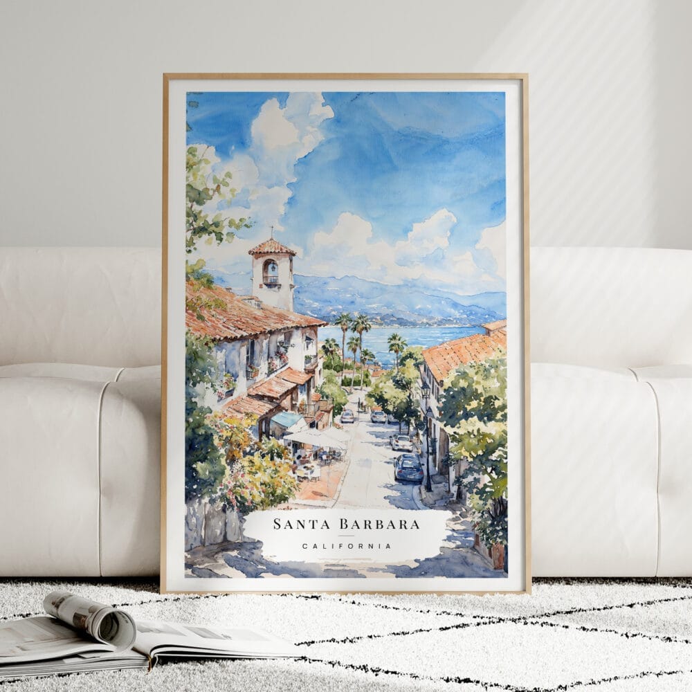 01 - Framed Santa Barbara California Watercolor Wall Art leaning against couch - Portrait.jpg 01 - Framed Santa Barbara California Watercolor Wall Art leaning against couch - Portrait.jpg