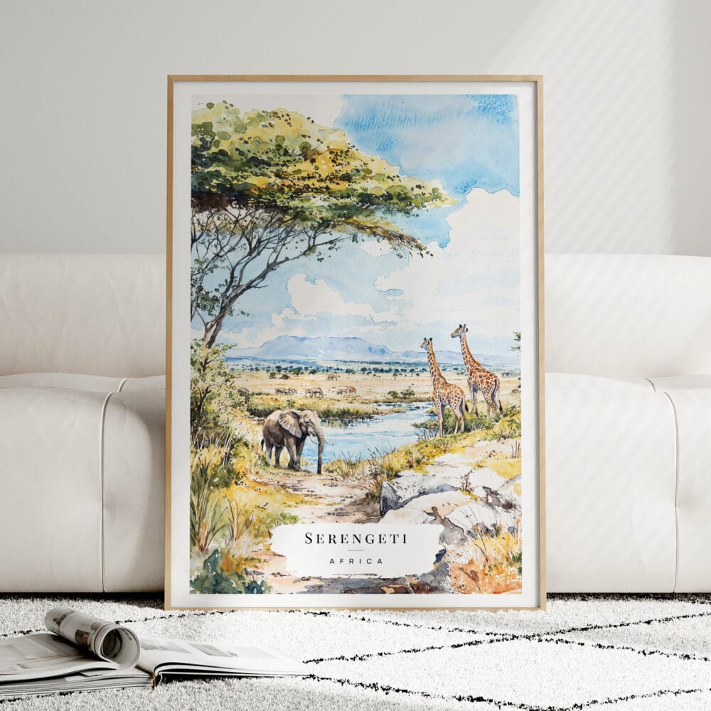 01 - Framed Serengeti Africa Watercolor Wall Art leaning against couch - Portrait.jpg 01 - Framed Serengeti Africa Watercolor Wall Art leaning against couch - Portrait.jpg