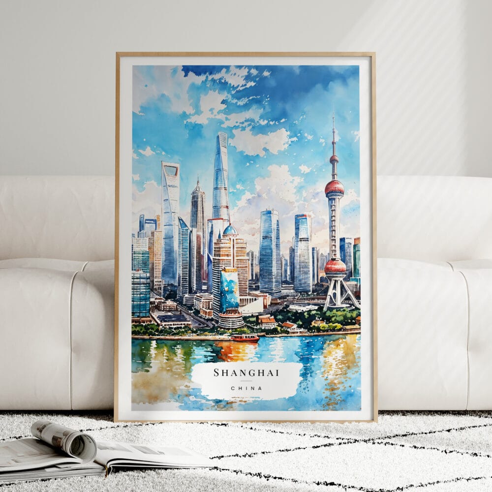 01 - Framed Shanghai China Watercolor Wall Art leaning against couch - Portrait.jpg 01 - Framed Shanghai China Watercolor Wall Art leaning against couch - Portrait.jpg