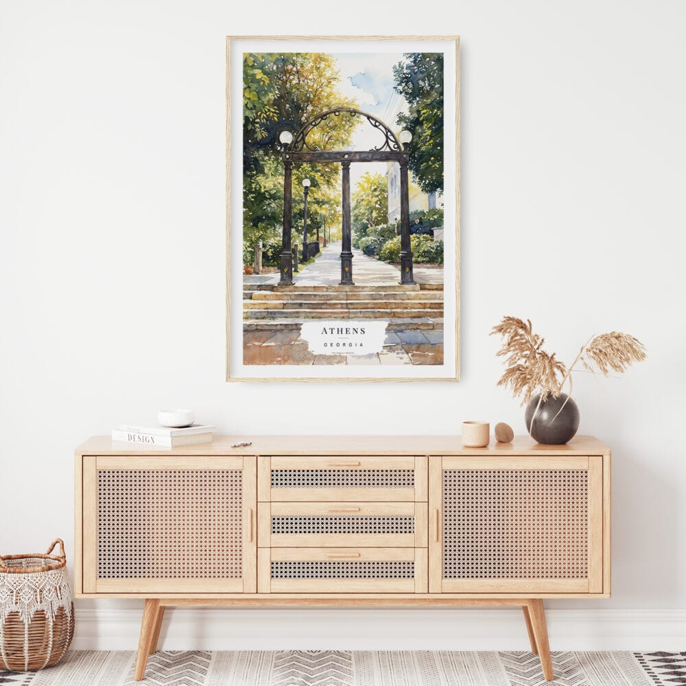 02 - Athens Georgia Arch Watercolor Art Print Hanging above Shelf.jpg 02 - Athens Georgia Arch Watercolor Art Print Hanging above Shelf.jpg