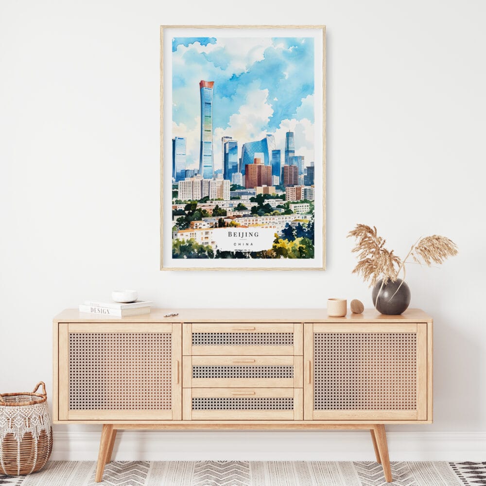 02 - Beijing Skyline Watercolor Art Print Hanging above Shelf.jpg 02 - Beijing Skyline Watercolor Art Print Hanging above Shelf.jpg
