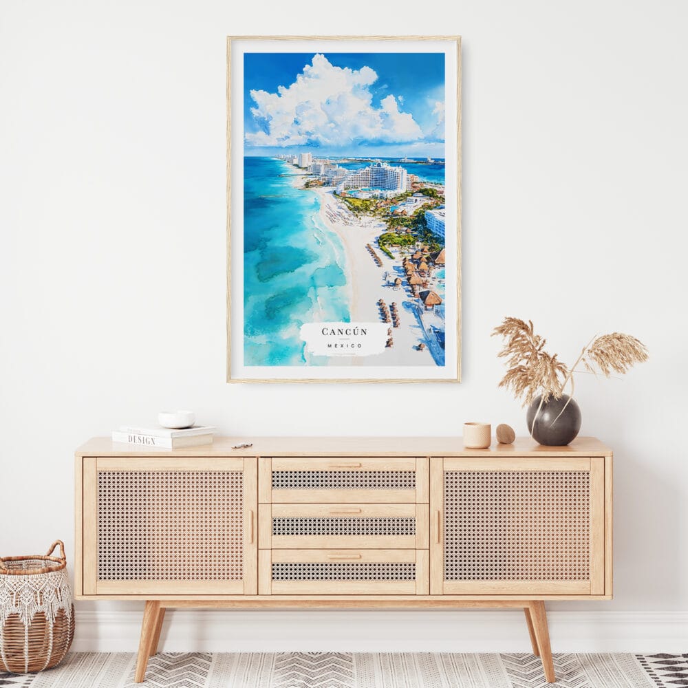 02 - Cancun Mexico Watercolor Art Print Hanging above Shelf.jpg 02 - Cancun Mexico Watercolor Art Print Hanging above Shelf.jpg