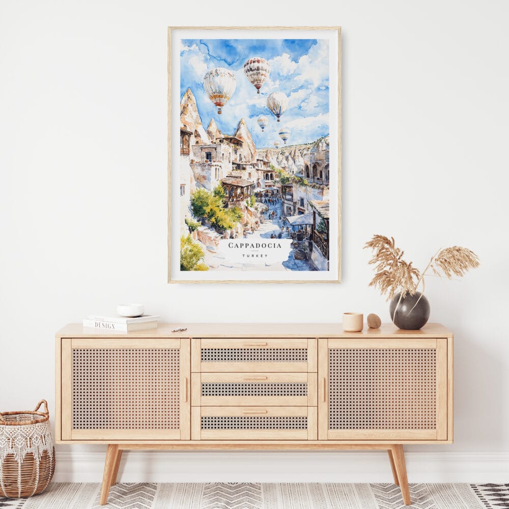 02 - Cappadocia Turkey Watercolor Art Print Hanging above Shelf.jpg 02 - Cappadocia Turkey Watercolor Art Print Hanging above Shelf.jpg