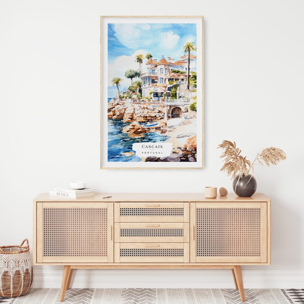 02 - Cascais Portugal Watercolor Art Print Hanging above Shelf.jpg 02 - Cascais Portugal Watercolor Art Print Hanging above Shelf.jpg