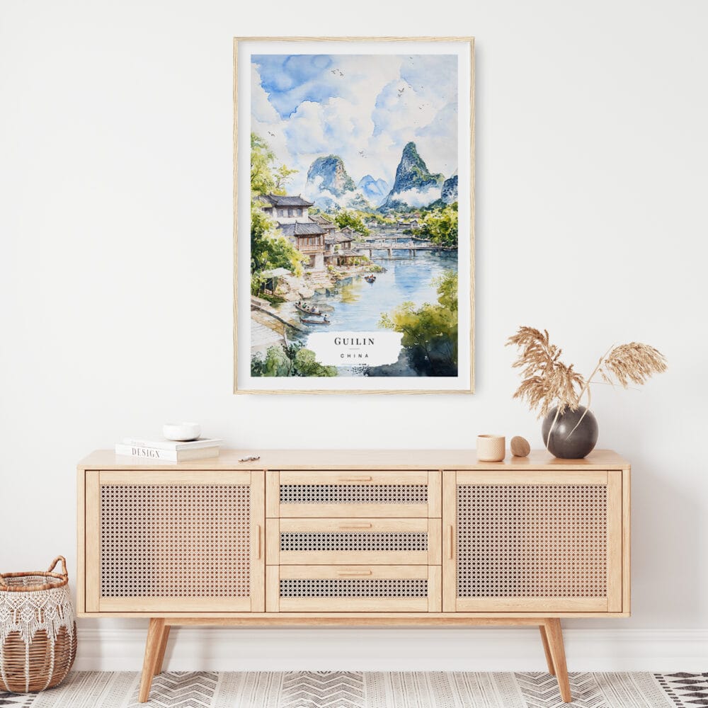 02 - Guilin China Watercolor Art Print Hanging above Shelf.jpg 02 - Guilin China Watercolor Art Print Hanging above Shelf.jpg