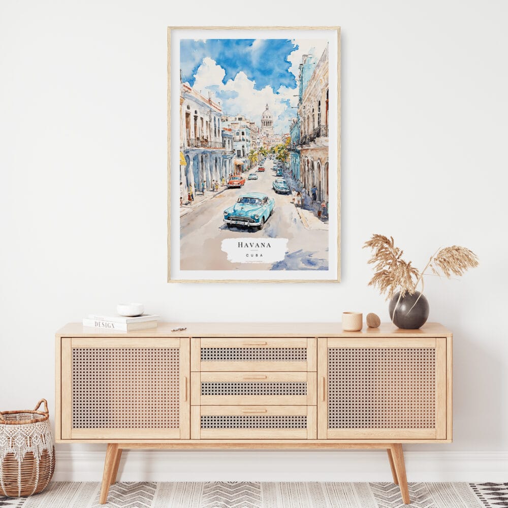 02 - Havana Cuba Watercolor Art Print Hanging above Shelf.jpg 02 - Havana Cuba Watercolor Art Print Hanging above Shelf.jpg