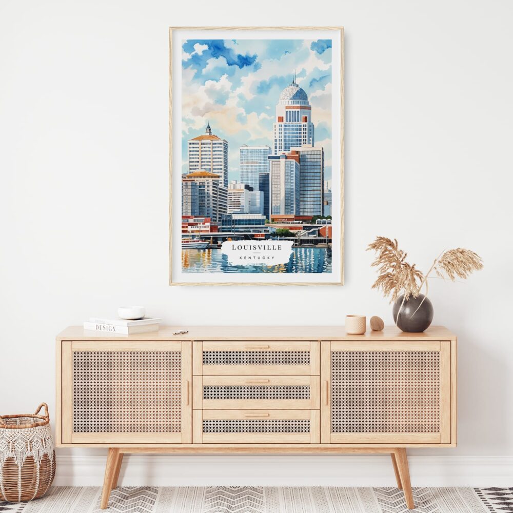 02 - Louisville Kentucky Watercolor Art Print Hanging above Shelf.jpg 02 - Louisville Kentucky Watercolor Art Print Hanging above Shelf.jpg