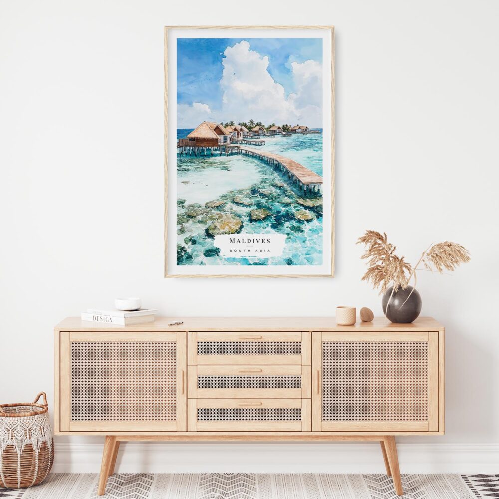 02 - Maldives Watercolor Art Print Hanging above Shelf.jpg 02 - Maldives Watercolor Art Print Hanging above Shelf.jpg