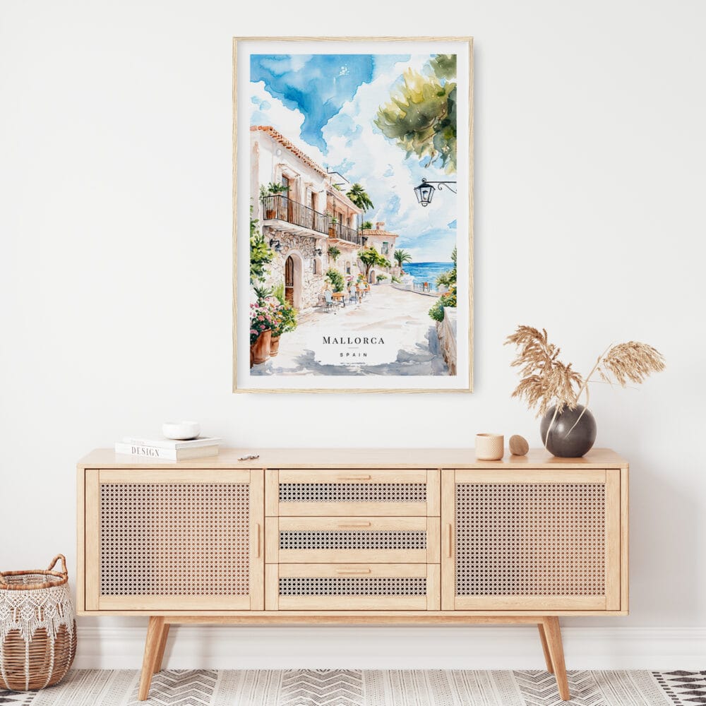 02 - Mallorca Spain Watercolor Art Print Hanging above Shelf.jpg 02 - Mallorca Spain Watercolor Art Print Hanging above Shelf.jpg