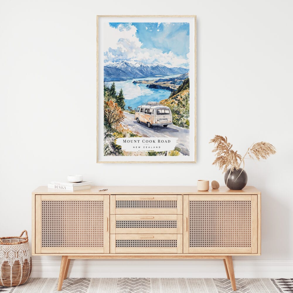 02 - Mount Cook Road NZ Watercolor Art Print Hanging above Shelf.jpg 02 - Mount Cook Road NZ Watercolor Art Print Hanging above Shelf.jpg