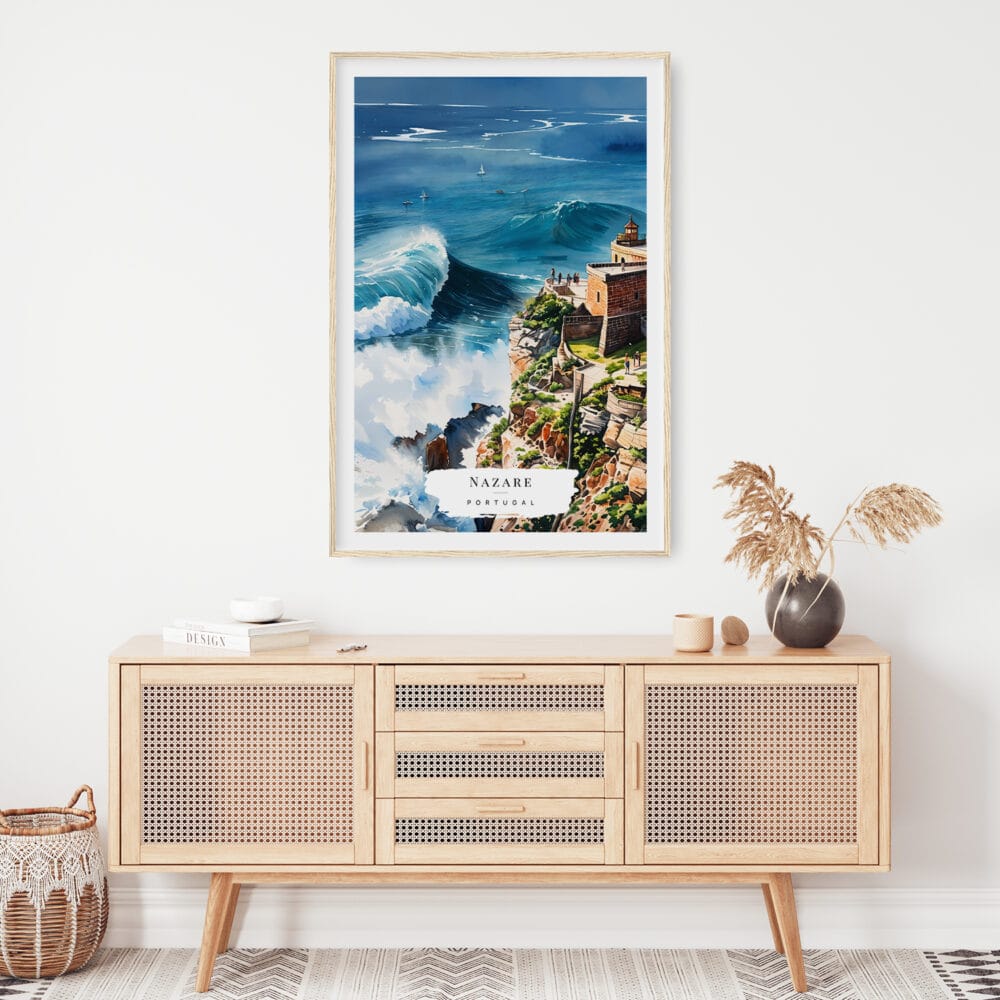 02 - Nazare Portugal Watercolor Art Print Hanging above Shelf.jpg 02 - Nazare Portugal Watercolor Art Print Hanging above Shelf.jpg
