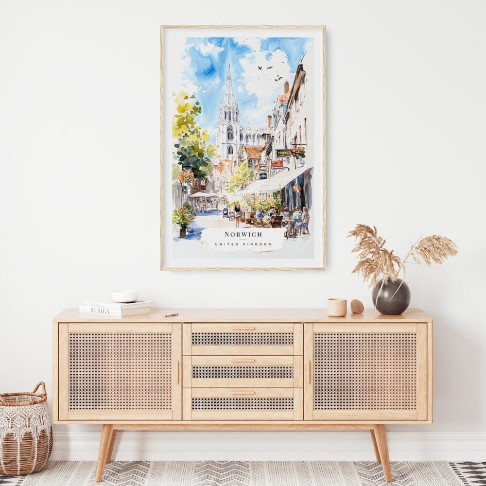 02 - Norwich England Watercolor Art Print Hanging above Shelf.jpg 02 - Norwich England Watercolor Art Print Hanging above Shelf.jpg