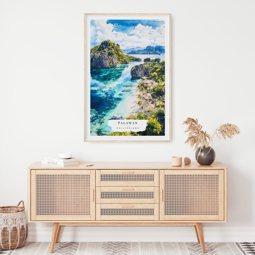 02 - Palawan Philippines Watercolor Art Print Hanging above Shelf.jpg 02 - Palawan Philippines Watercolor Art Print Hanging above Shelf.jpg