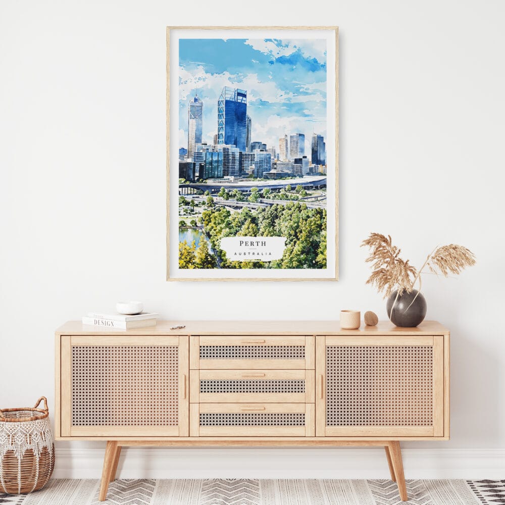 02 - Perth Australia Watercolor Art Print Hanging above Shelf.jpg 02 - Perth Australia Watercolor Art Print Hanging above Shelf.jpg