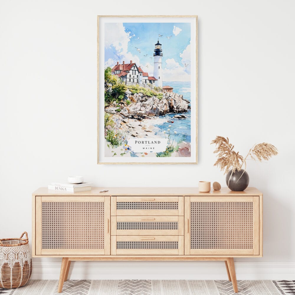 02 - Portland Maine Watercolor Art Print Hanging above Shelf.jpg 02 - Portland Maine Watercolor Art Print Hanging above Shelf.jpg