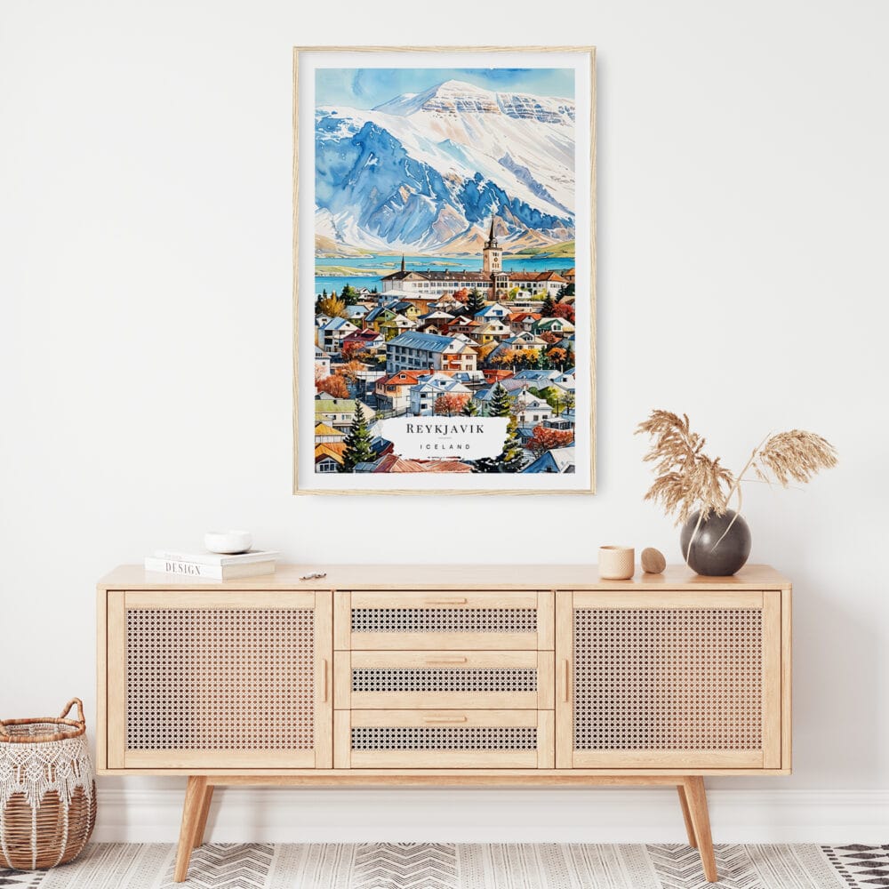 02 - Reykjavik Watercolor Art Print Hanging above Shelf.jpg 02 - Reykjavik Watercolor Art Print Hanging above Shelf.jpg