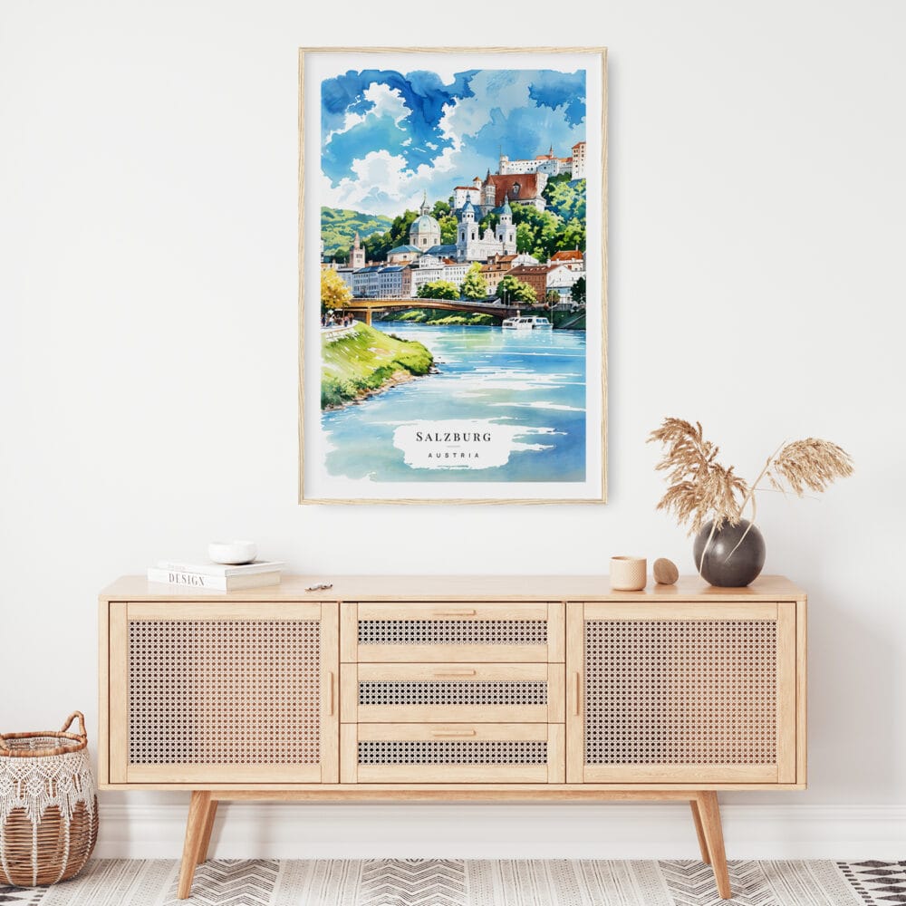 02 - Salzburg Austria Watercolor Art Print Hanging above Shelf.jpg 02 - Salzburg Austria Watercolor Art Print Hanging above Shelf.jpg