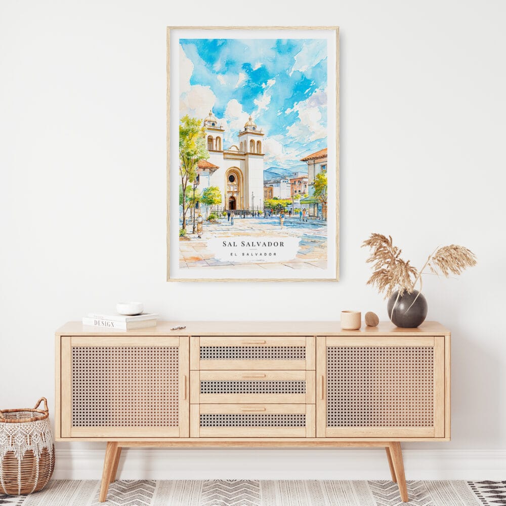 02 - San Salvador Watercolor Art Print Hanging above Shelf.jpg 02 - San Salvador Watercolor Art Print Hanging above Shelf.jpg