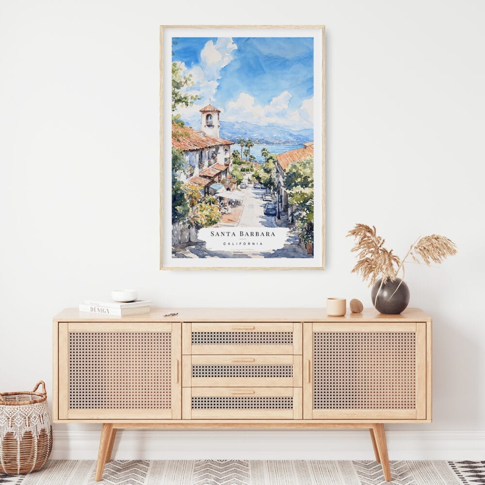 02 - Santa Barbara California Watercolor Art Print Hanging above Shelf.jpg 02 - Santa Barbara California Watercolor Art Print Hanging above Shelf.jpg