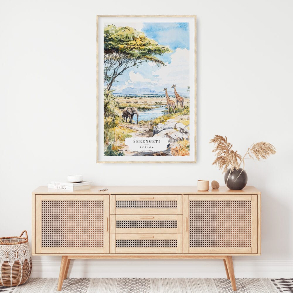 02 - Serengeti Africa Watercolor Art Print Hanging above Shelf.jpg 02 - Serengeti Africa Watercolor Art Print Hanging above Shelf.jpg