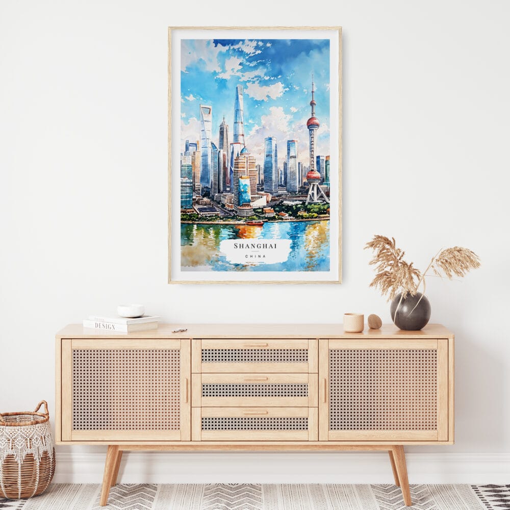 02 - Shanghai China Watercolor Art Print Hanging above Shelf.jpg 02 - Shanghai China Watercolor Art Print Hanging above Shelf.jpg
